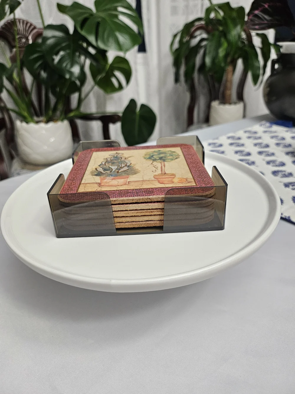 Pimpernel Vintage Christmas Topiary Cork-Backed Coasters Set of 5 with Holder